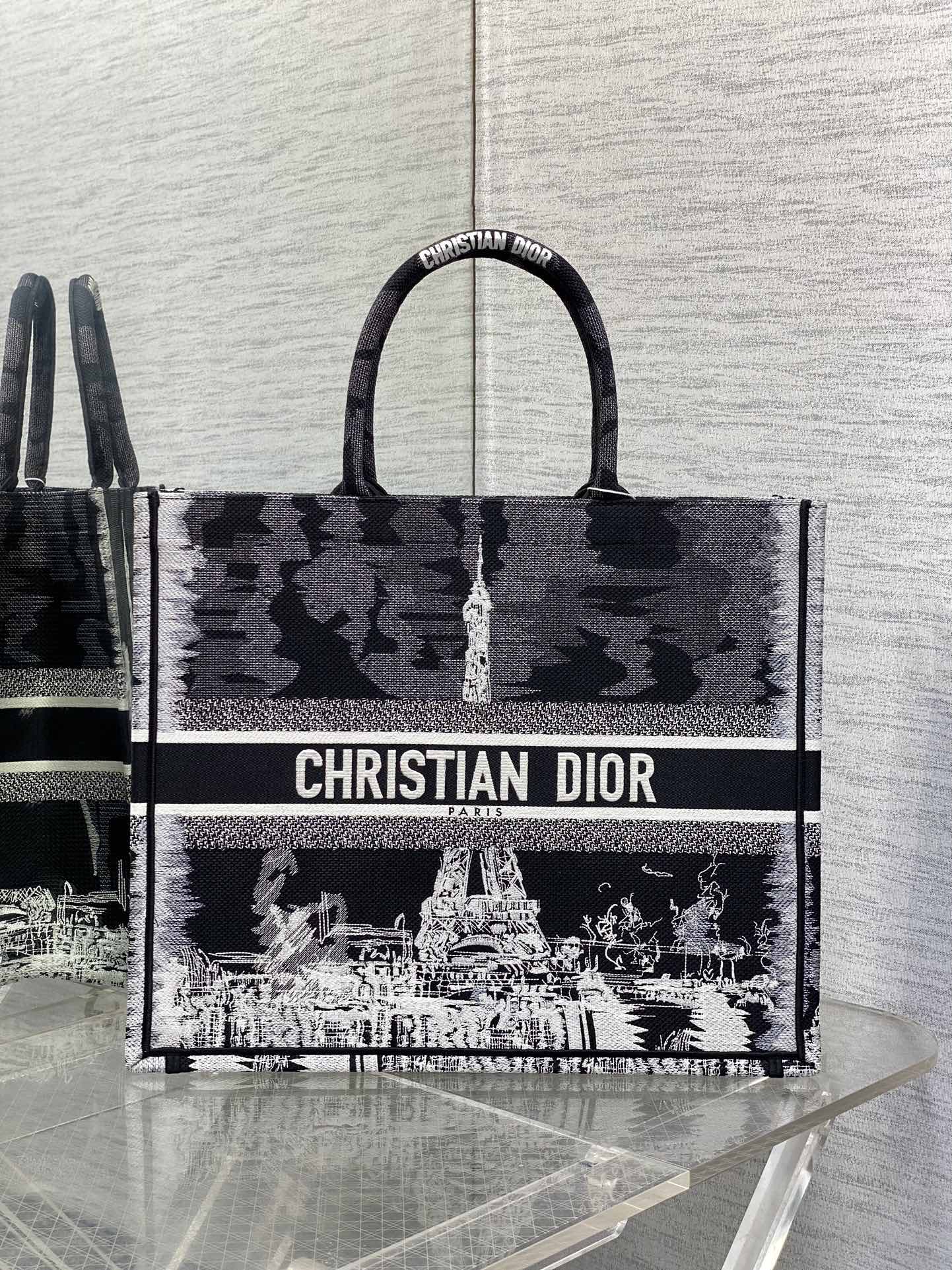 Large Dior Book Tote Bag White and Black Paris Embroidery